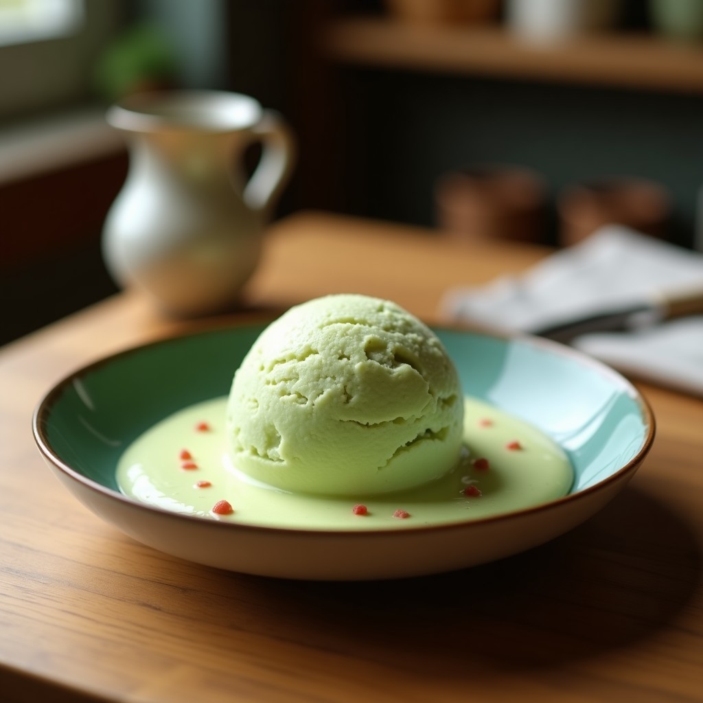 Cuenco de vidrio transparente con helado de té verde y coco de color verde pálido, textura cremosa y brillante, decorado con virutas de coco tostado sobre fondo blanco con hojas de menta fresca.