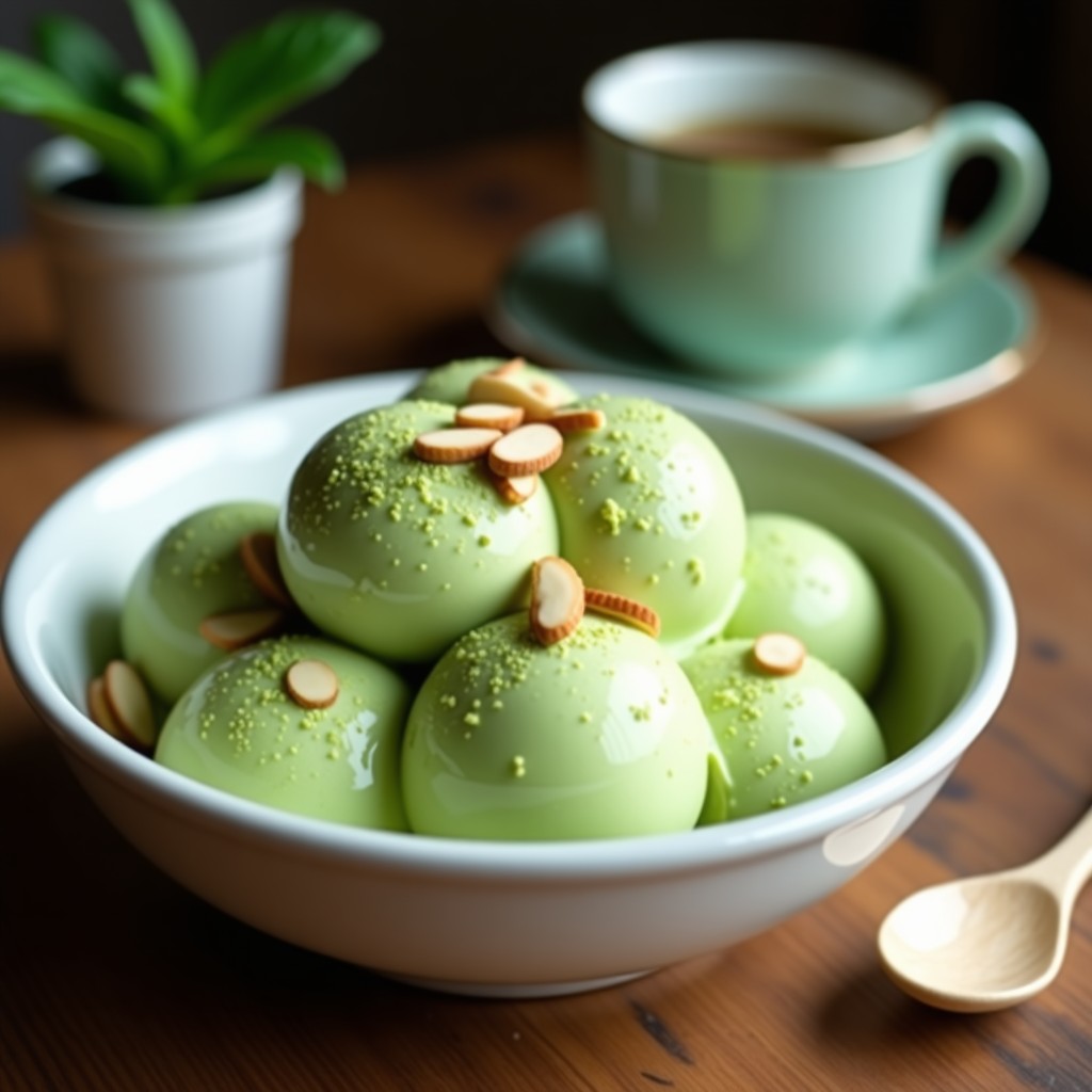 Copa de helado cremoso de color verde pálido con vetas, espolvoreado con almendras fileteadas y un toque de matcha en polvo, servido sobre una mesa de madera con elementos coreanos como una taza de té verde al fondo.