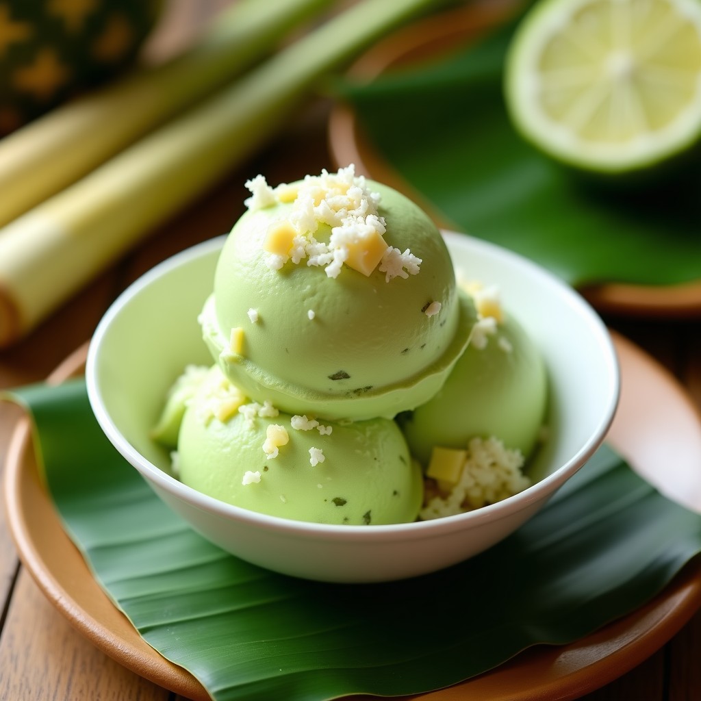 Copo de helado tailandés de color verde claro con trozos de piña amarilla y coco rallado, servido en un cuenco de cerámica blanca con una cuchara de madera, sobre un fondo de hojas de plátano.