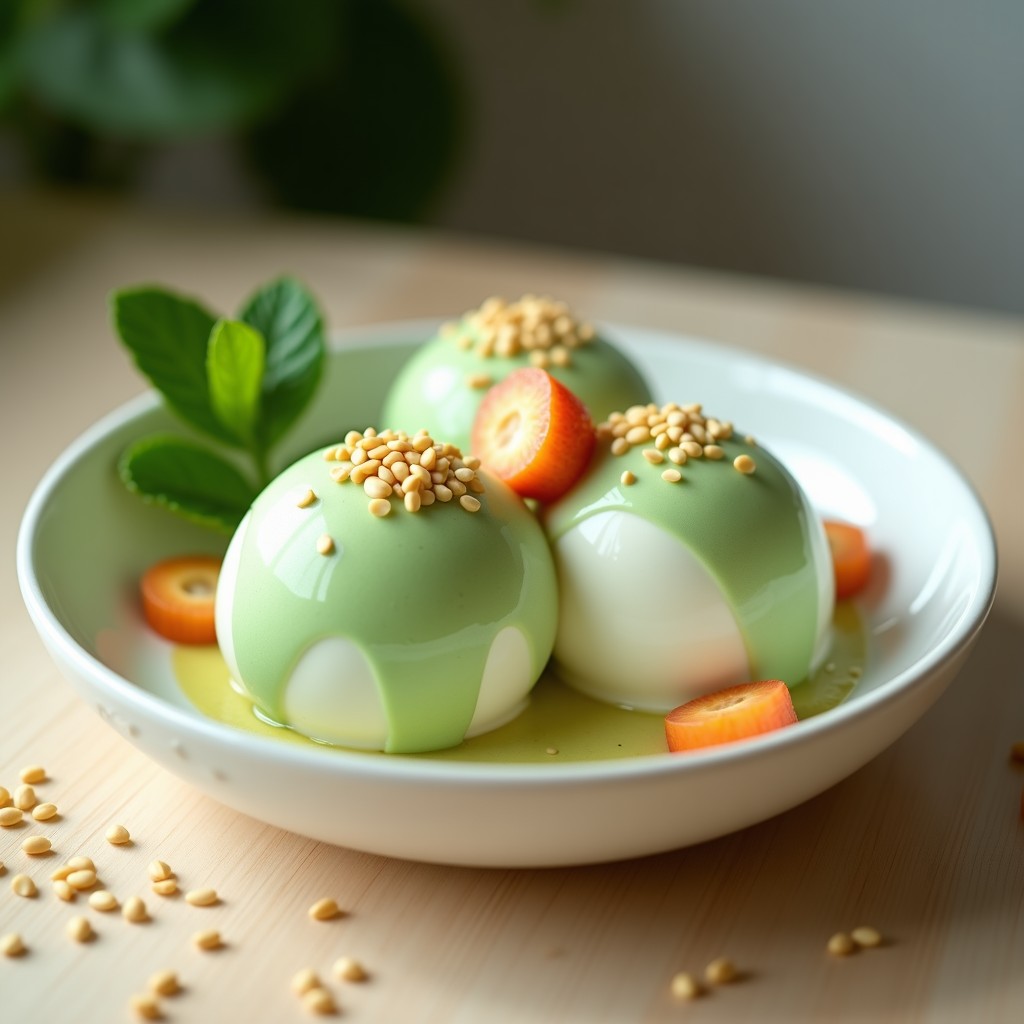 Helado cremoso de color verde claro con trozos de lichi rosado y semillas de sésamo tostadas espolvoreadas en la superficie, servido en un cuenco blanco sobre fondo de madera oscura, receta de postre chino vegano.