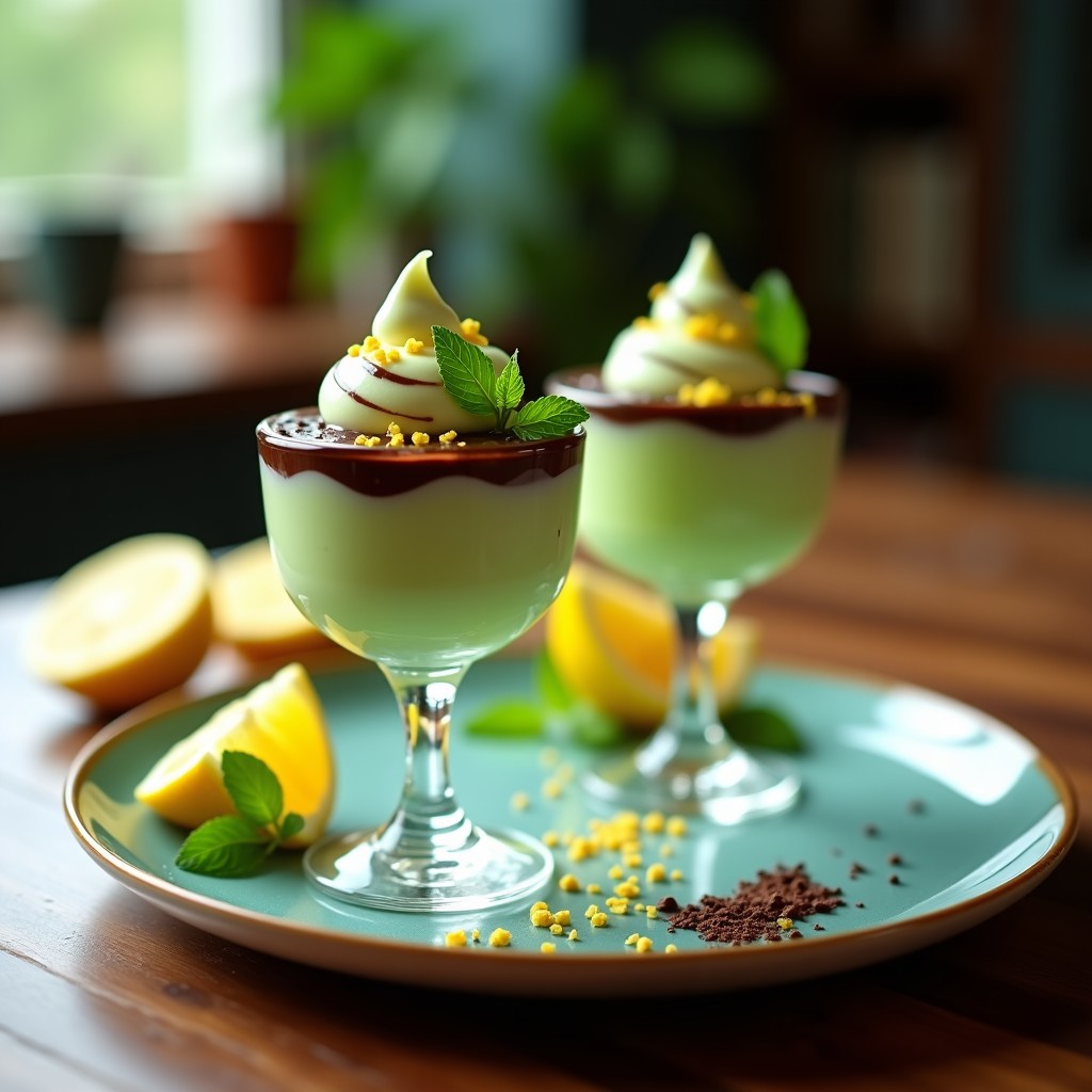 Copas de helado cremoso de té verde y limón con vetas de cobertura de chocolate 100% derretido, decorado con ralladura de limón y hojas de menta. Postre keto sin azúcar y sin lácteos.
