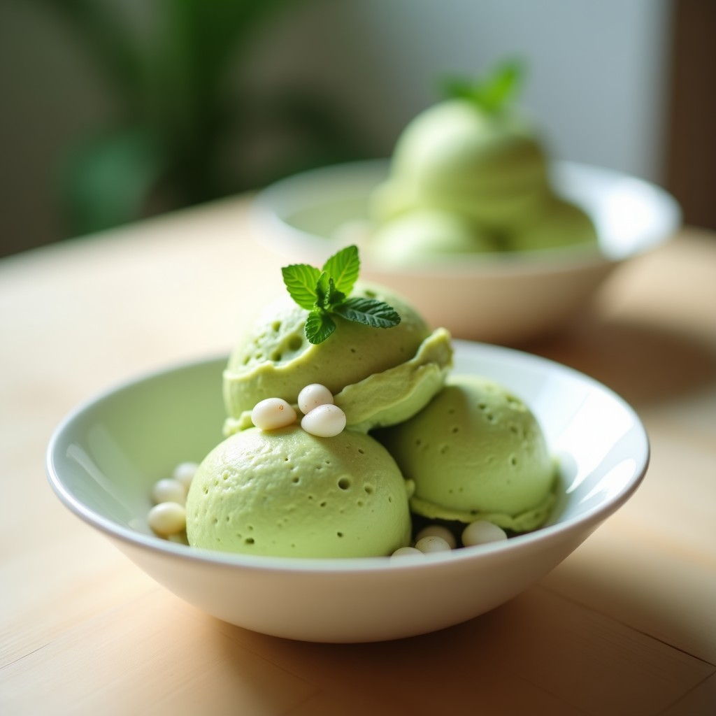 Helado de té verde y litchi servido en copas de cristal transparente, con trozos de litchi fresco y hojas de menta como decoración. El helado tiene un color verde pálido vibrante y textura cremosa, sobre una mesa de madera rústica con luz natural.