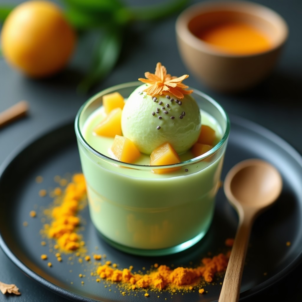 Copa de cristal transparente con helado cremoso de color verde dorado, decorado con trozos de lychee fresco y virutas de coco tostado. Fondo minimalista con hojas de té verde y una pizca de cúrcuma en polvo espolvoreada, resaltando su origen japonés y propiedades antioxidantes.