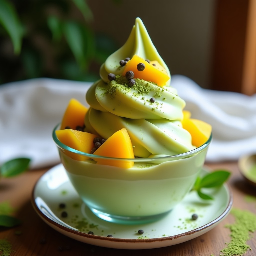 Helado cremoso de color verde suave con vetas amarillas de mango, servido en un cuenco de vidrio transparente sobre una mesa de madera. Decorado con semillas de chía, trozos de mango fresco y un toque de té verde matcha en polvo espolvoreado.