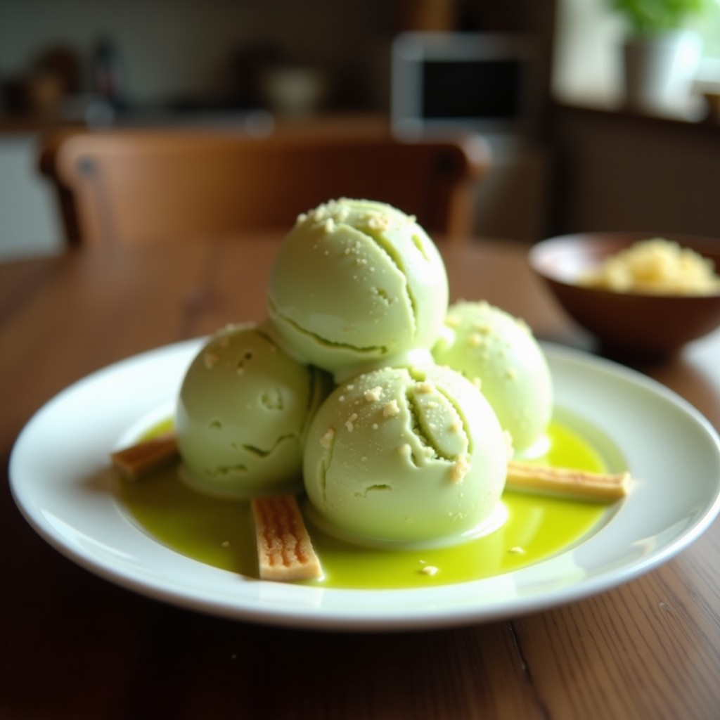 Cucurucho de barquillo con dos bolitas de helado de té verde y maracuyá sin azúcar, postre keto con leche de coco, decorado con virutas de coco tostadas y semillas de chía sobre fondo blanco con hojas de menta.