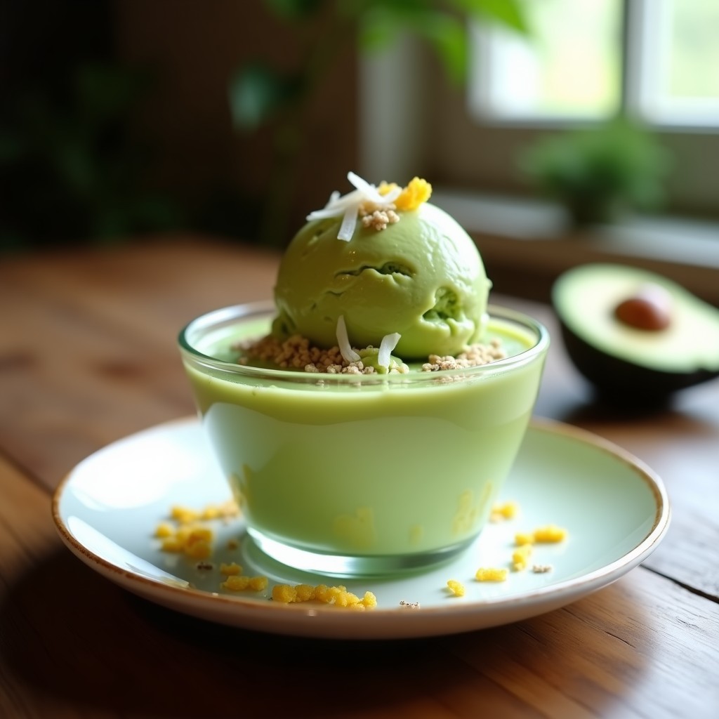 Helado de té verde y manufacturing con base de aguacate, servido en un cuenco de cerámica blanca con coco rallado y semillas de chía. Postre japonés sin azúcar, cremoso y de color verde vibrante.
