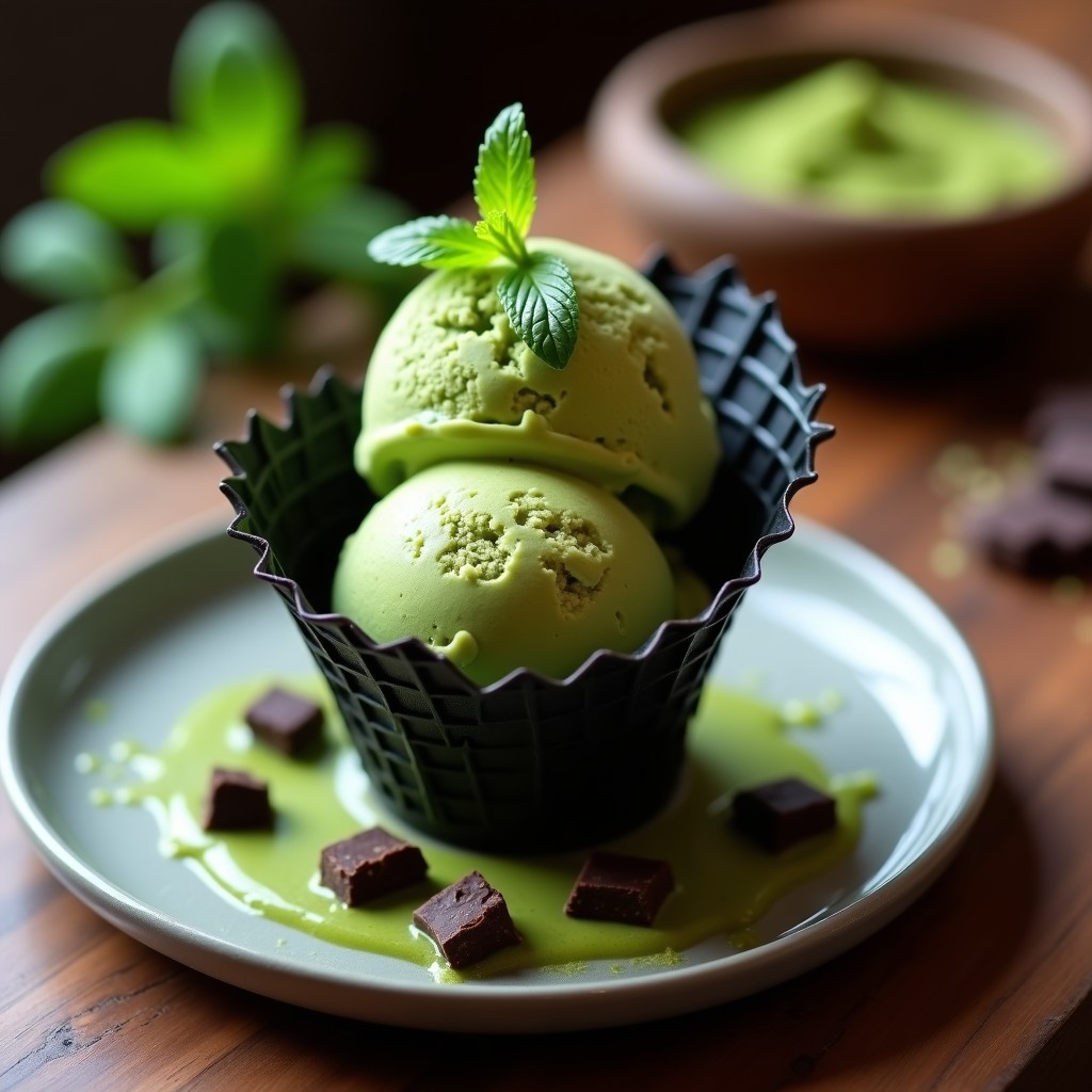 Helado de té verde y menta con trozos de chocolate 90% en cucurucho de barquillo negro, decorado con hojas de menta fresca y virutas de chocolate sobre fondo rústico de madera. Postre keto y antiinflamatorio con textura cremosa y color verde vibrante.