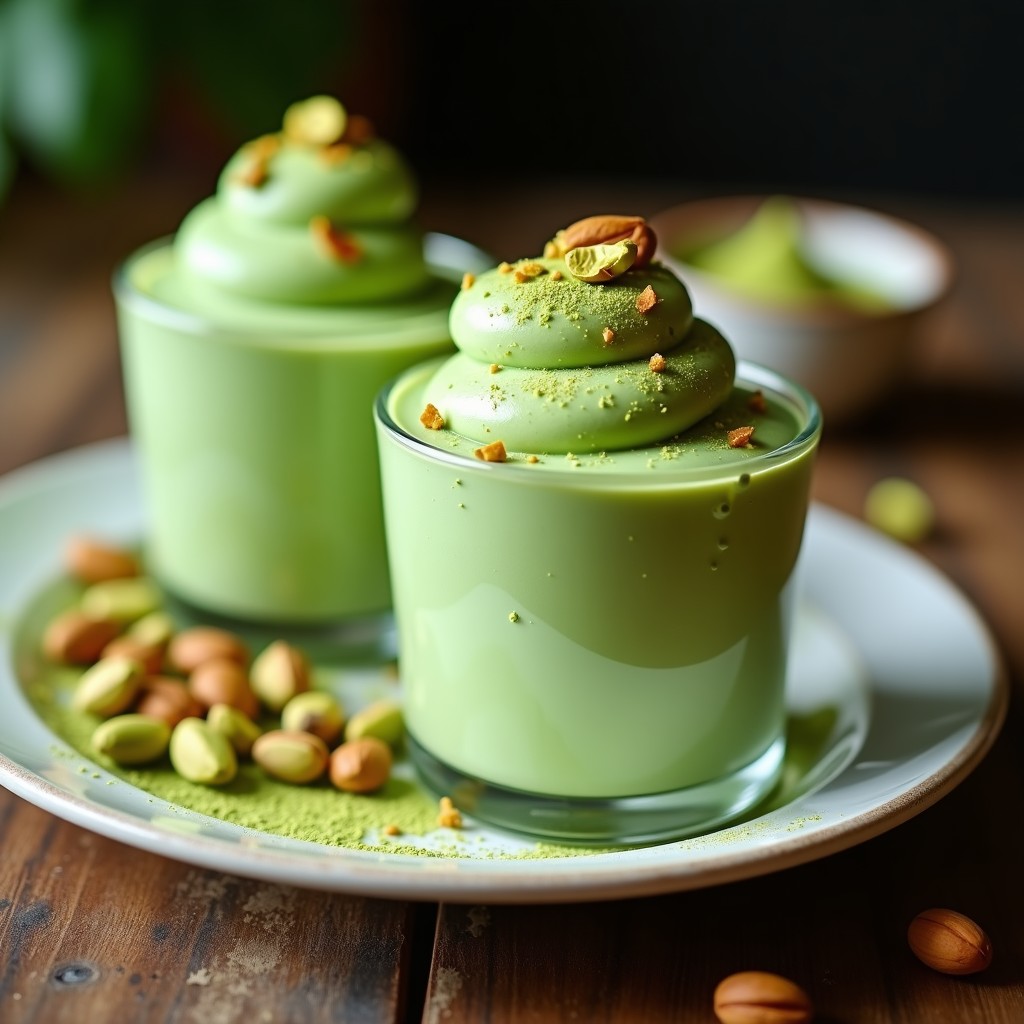 Helado de té verde y pistacho con base de aquafaba en airfryer, servido en copas de cristal con pistachos triturados y un espolvoreado de matcha, textura cremosa y color verde esmeralda intenso.