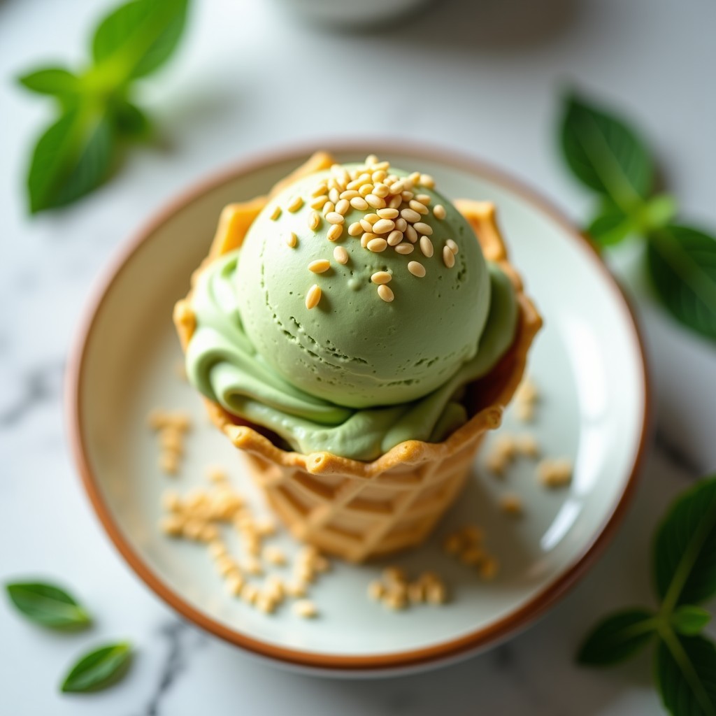 Helado cremoso de color verde suave en un cucurucho de barquillo, espolvoreado con semillas de sésamo tostado dorado. Postre vegano de té verde y sésamo en un fondo minimalista con hojas de menta.