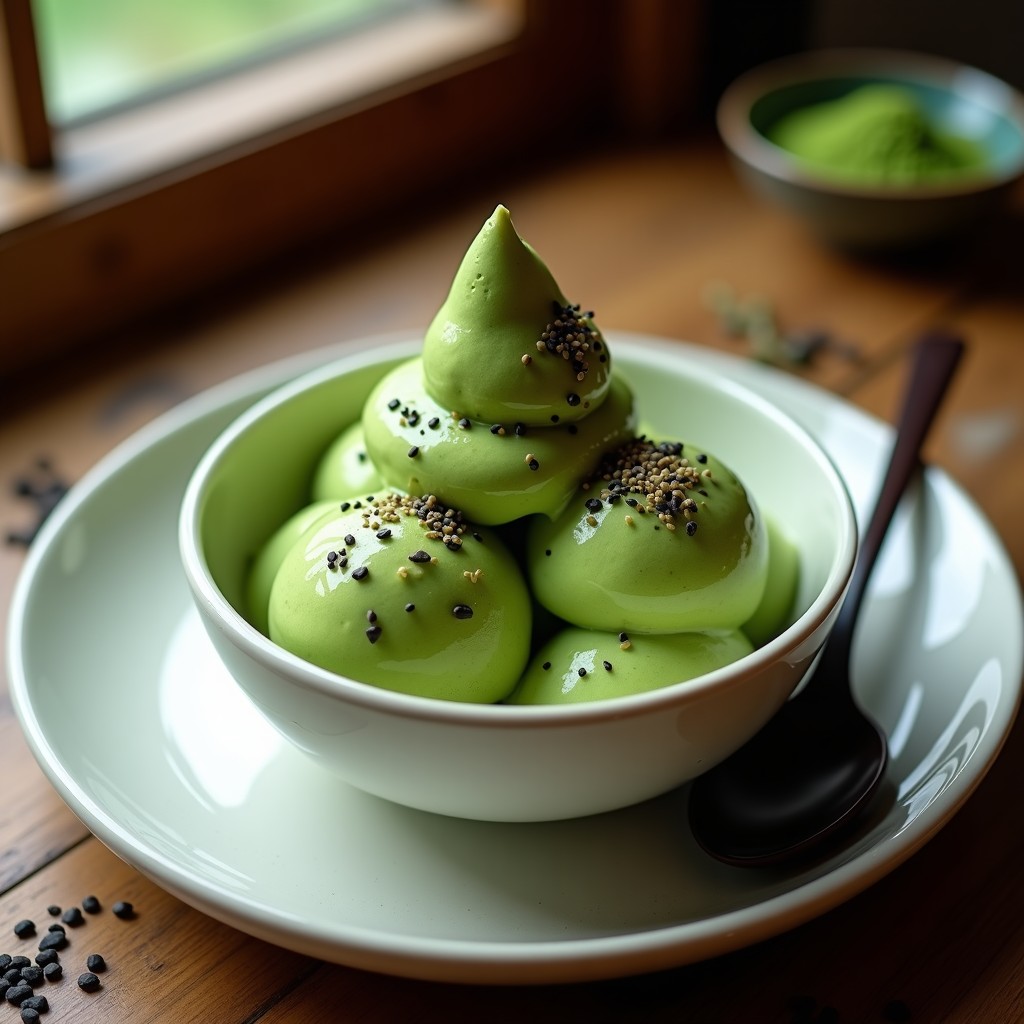 Helado de té verde y sésamo negro sin lactosa en un cuenco de cerámica blanca, con vetas verdes intensas y semillas de sésamo negro espolvoreadas por encima. Fondo minimalista con una cuchara de madera y hojas de matcha.