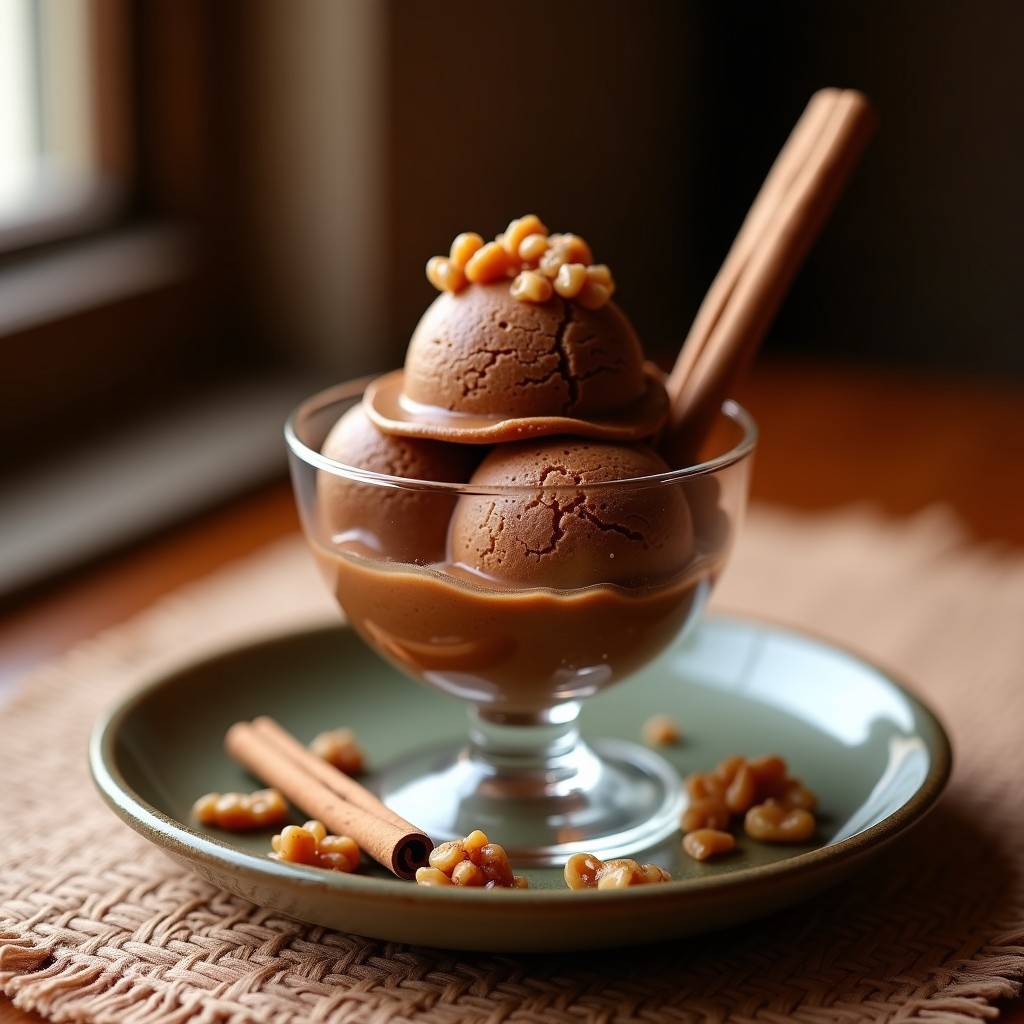 Copa de cristal con helado de tejate cremoso de color marrón oscuro, coronado con trozos de nuez de castilla tostada y un toque de canela en polvo, sobre una mesa de madera rústica con ingredientes tradicionales oaxaqueños al fondo.