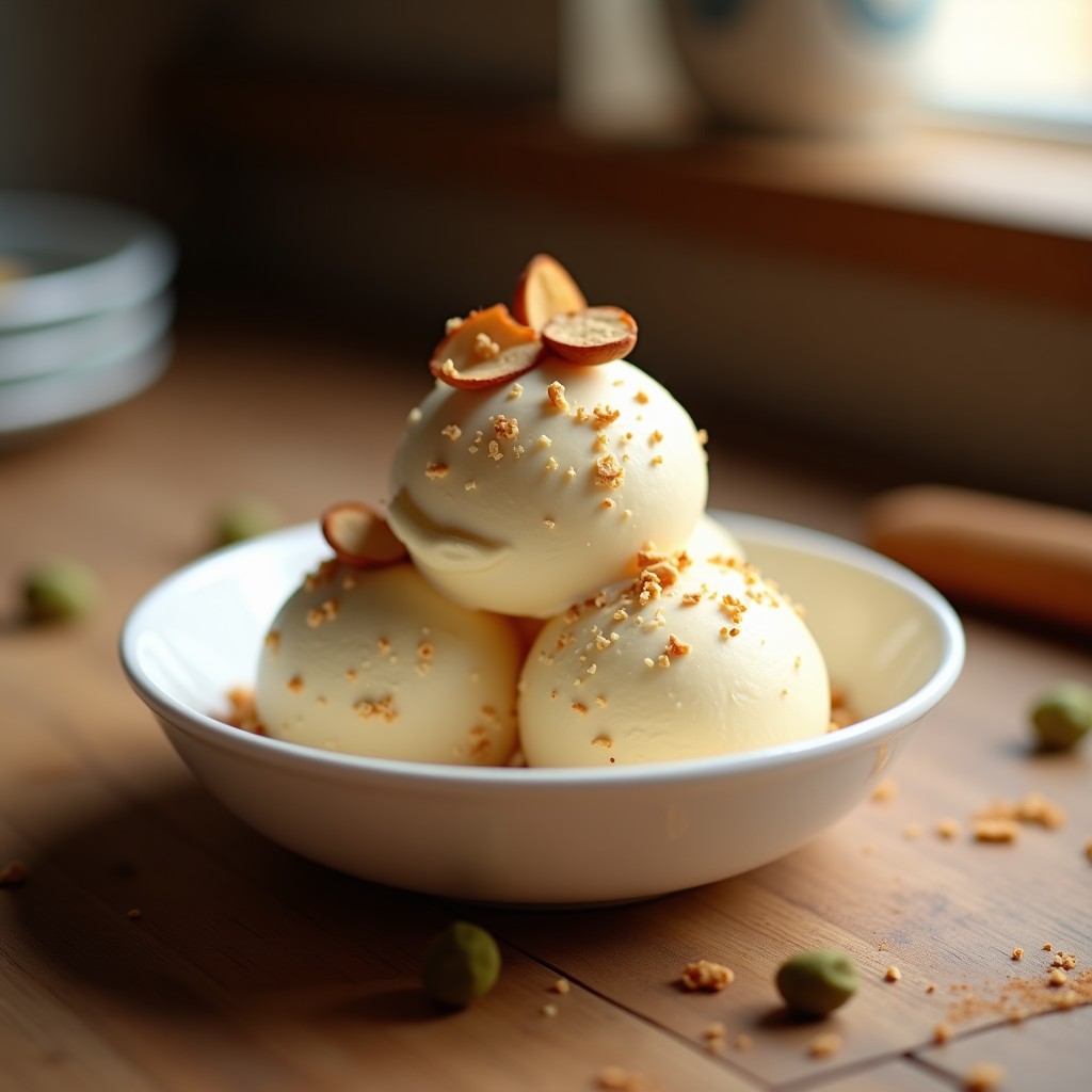 Helado cremoso de turrón de almendras y cardamomo sin azúcar, servido en copas de cristal con almendras fileteadas y un toque de especias por encima, sobre fondo rústico de madera.