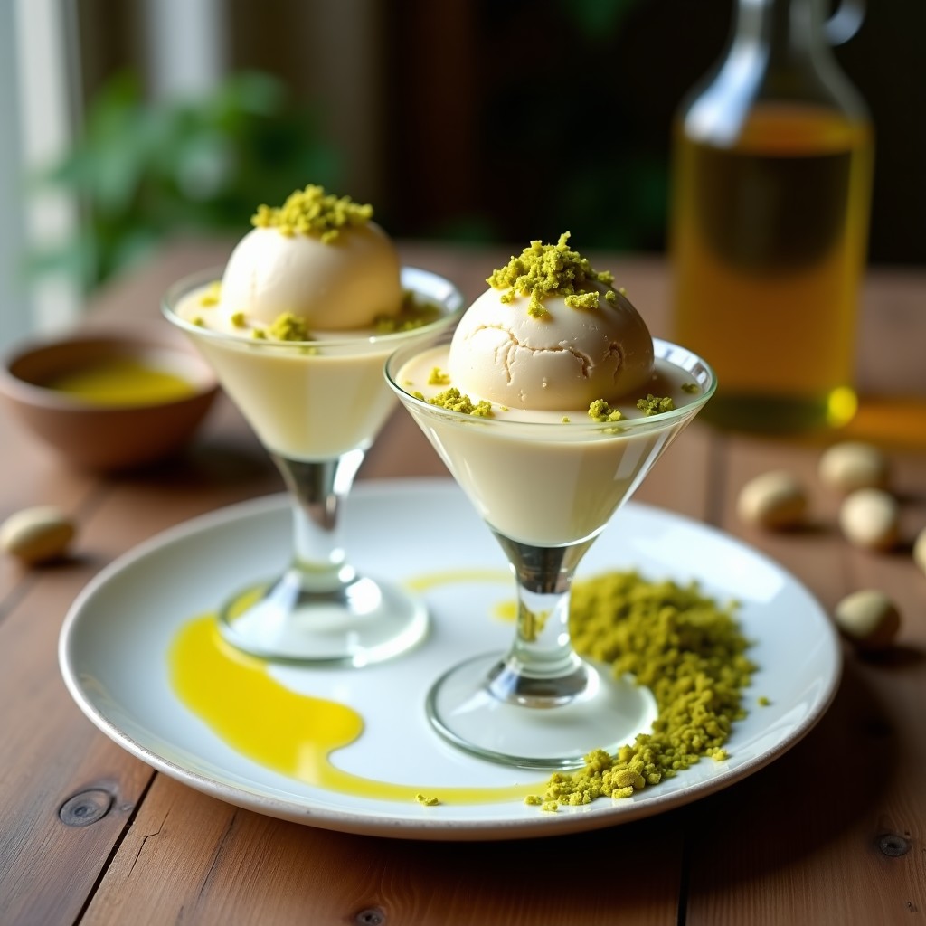 Copas de cristal transparente con helado cremoso de turrón y aceite de oliva, coronado con crujiente de pistacho verde. Fondo rústico con detalles de madera y un hilo de aceite de oliva virgen extra.