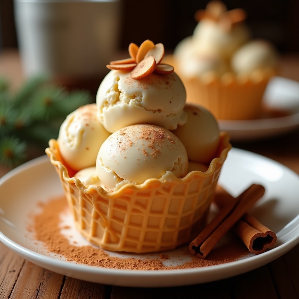 Cucurucho de barquilla relleno de helado cremoso de color beige con vetas de turrón y espolvoreado de canela y almendras fileteadas, sobre fondo rústico de madera con detalles navideños.