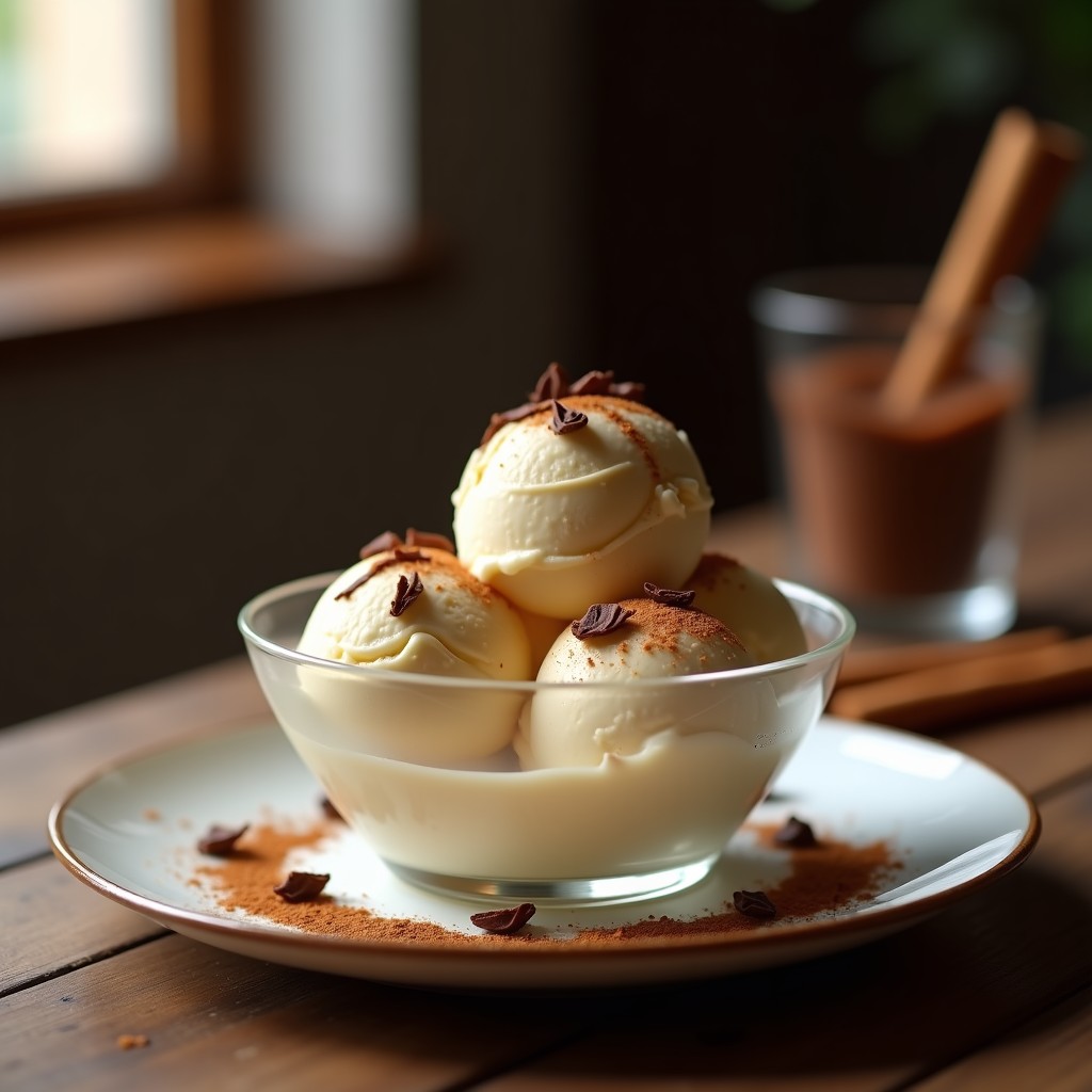 Copa de cristal transparente con helado cremoso de color beige claro, coronado por virutas brillantes de chocolate negro y una rama de canela al lado. Fondo desenfocado con textura de madera rústica, evocando tradición española.