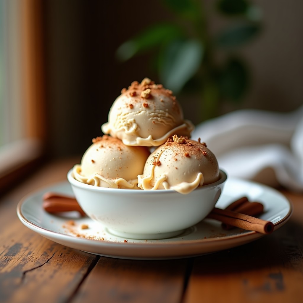 Helado cremoso de turrón y nuez keto sin azúcar servido en un cuenco de cerámica blanca, con trozos de nuez pecana tostada y un espolvoreado de canela en polvo. Textura sedosa y color beige claro, decorado con una ramita de canela al lado. Plato con fondo de madera rústica.