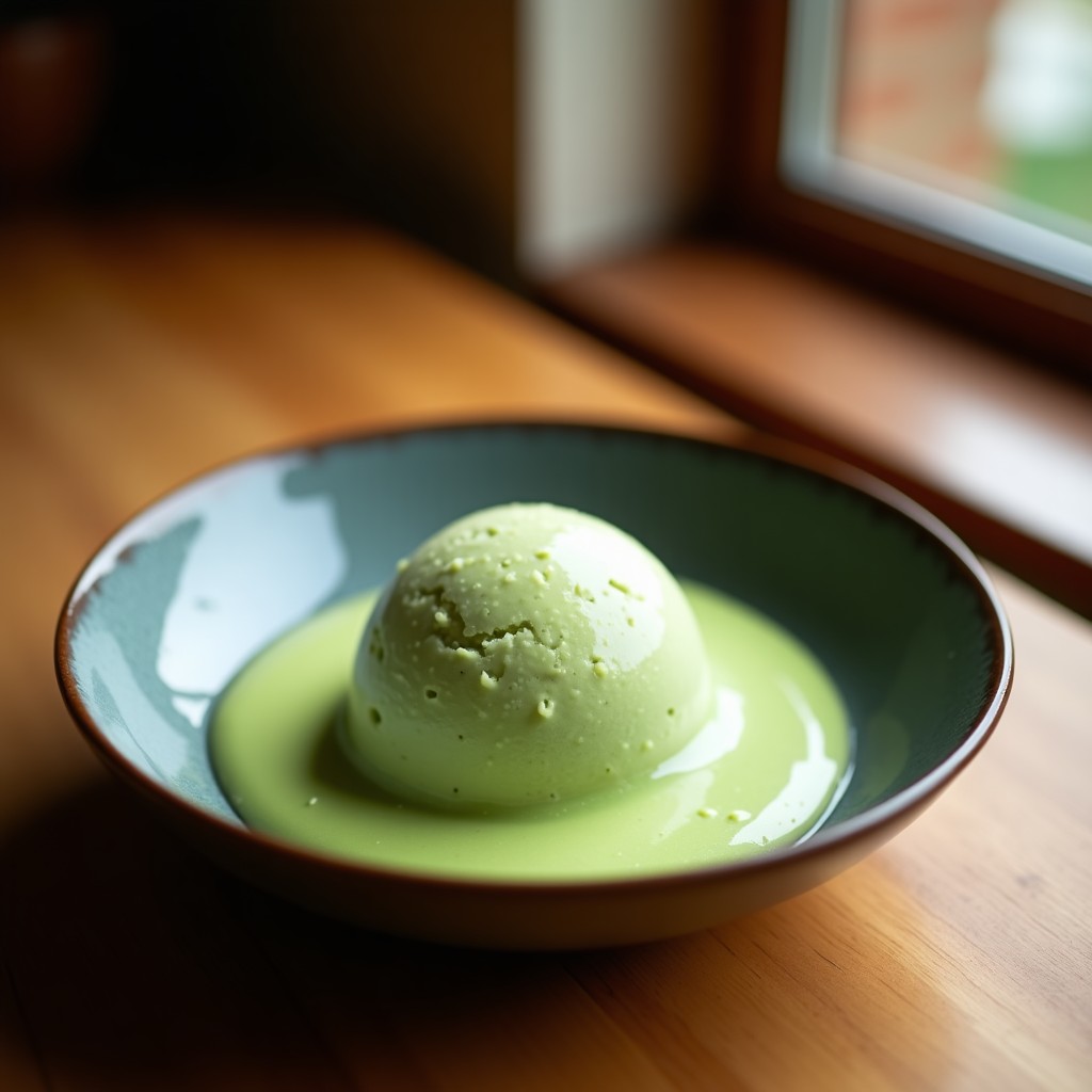 Copa de helado vegano de matcha y coco con textura cremosa, decorado con copos de coco y un polvo verde de matcha, sobre fondo rústico de madera.