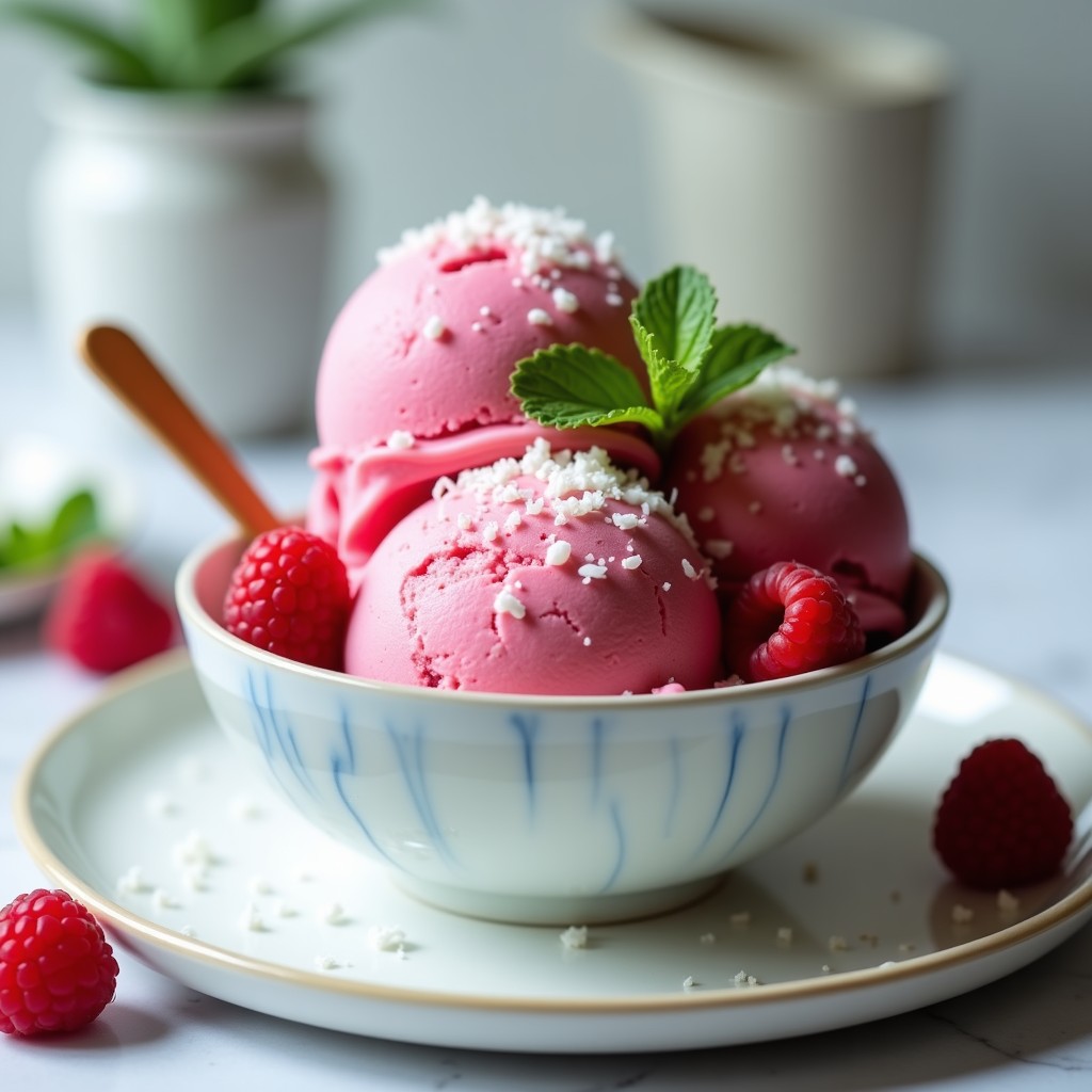 Copas de cristal transparente con helado de wasabi y frambuesa, mostrando capas rosadas y blancas con vetas verdes. Decorado con coco rallado y semillas de chía, sobre un fondo de madera oscura con hojas de menta.