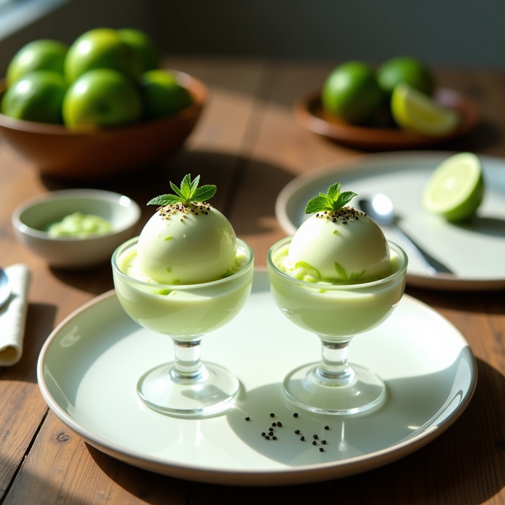 Copas de helado cremoso color verde pálido con vetas de wasabi, decorado con ralladura de lima y semillas de chía, sobre fondo blanco con elementos japoneses minimalistas.