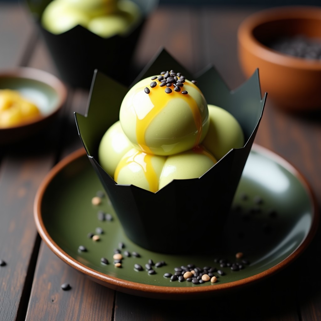 Helado de wasabi y miel en cucurucho de barquillo, con vetas verdes suaves y un hilo dorado de miel en la parte superior. Fondo borroso con hojas de bambú y una cuchara de madera.