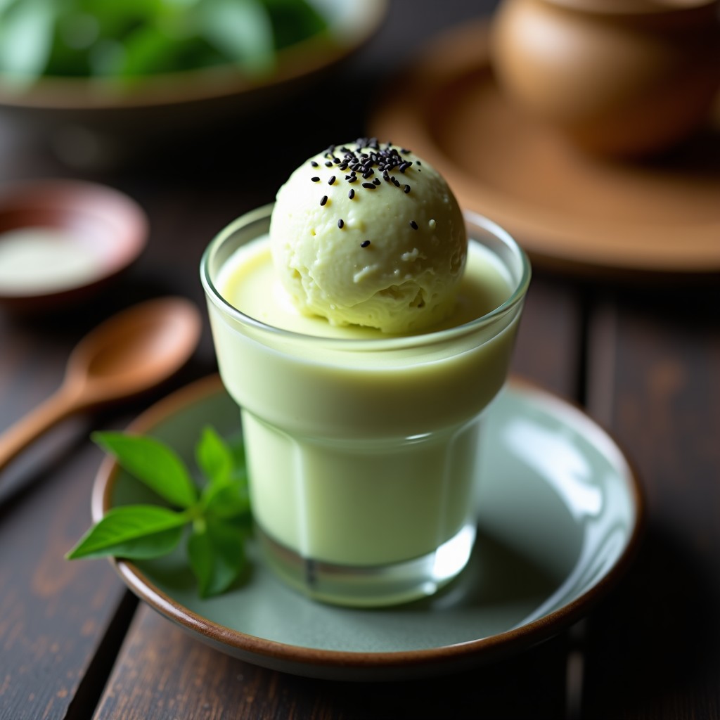 Copa de cristal transparente con helado de wasabi y miel de Manuka, color crema suave con vetas verdes claras, espolvoreado con semillas de sésamo negro tostado. Fondo desenfocado con elementos japoneses como una cuchara de madera y hojas de bambú.