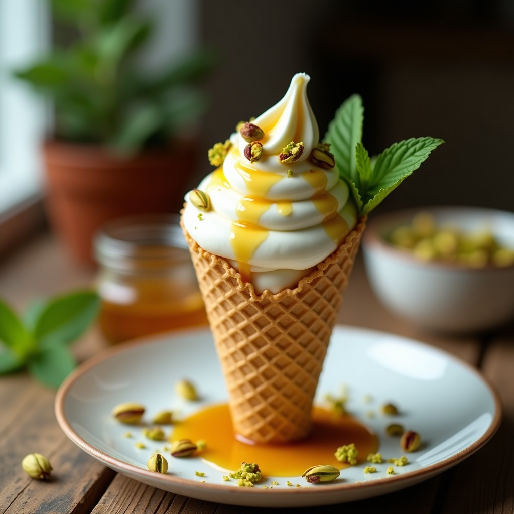 Cucurucho de barquillo keto relleno de helado cremoso de yogur griego con vetas doradas de miel y trozos de pistachos tostados, servido sobre una mesa de madera con hojas de menta fresca.