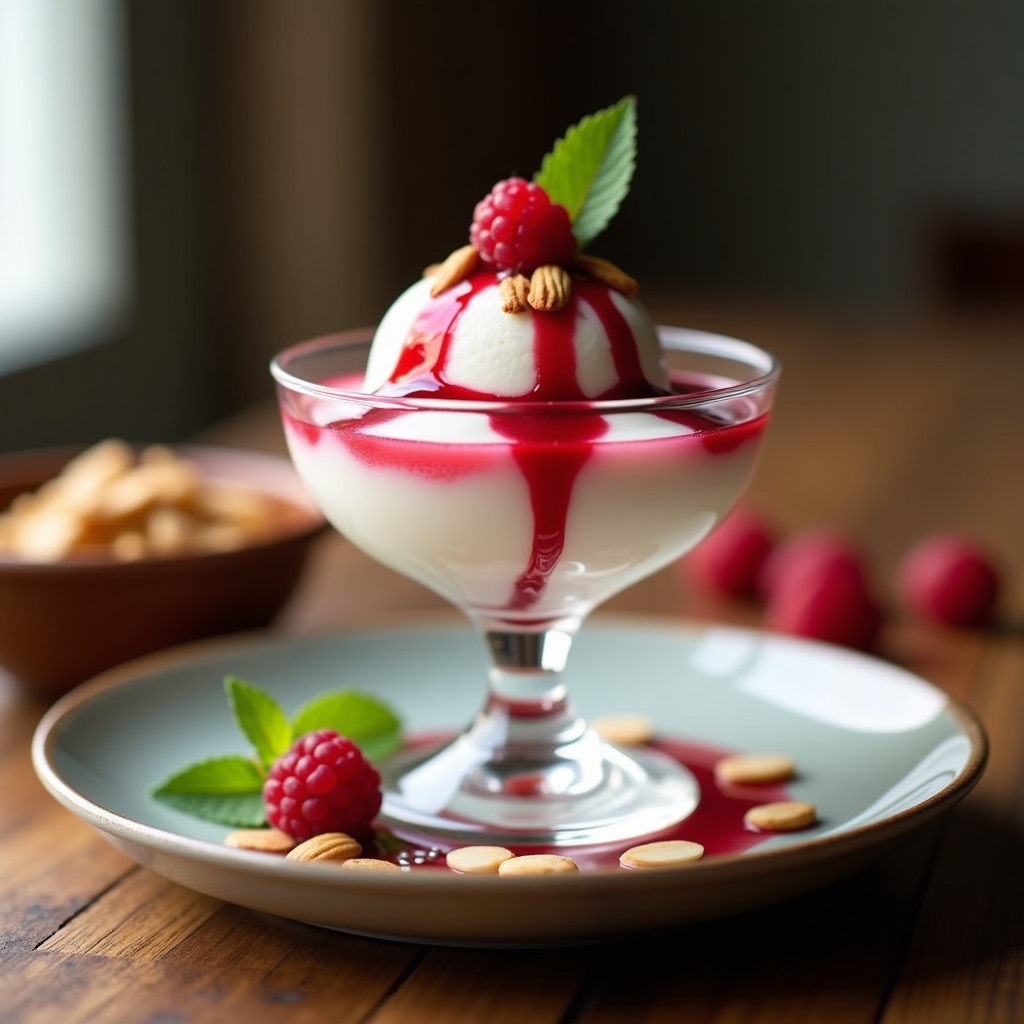 Copas de cristal transparente con helado de yogur griego cremoso, cubierto de salsa de frambuesas brillante y decorado con frambuesas frescas, semillas de chía y hojas de menta. Postre en 5 minutos sin horno, alto en proteína y saludable.
