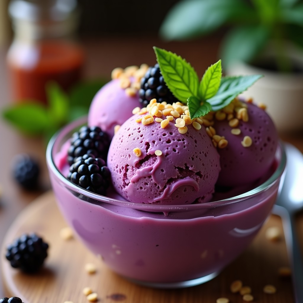 Copa de vidrio transparente con helado cremoso de zarzamora y albahaca, coronado con granola crujiente y semillas de chía. Las zarzamoras frescas y hojas de albahaca decoran el plato, resaltando los colores morados y verdes sobre un fondo rústico de madera.