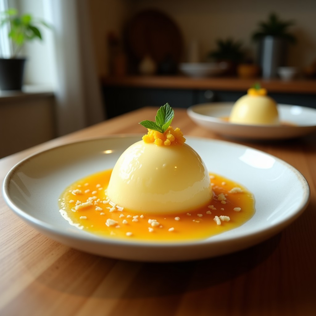 Copas de helado cremoso de color amarillo pálido con vetas doradas, servido con almendras fileteadas tostadas por encima. Plato fresco y vibrante con fondo de limones y rodajas de jengibre, ideal para un postre detox y refrescante.