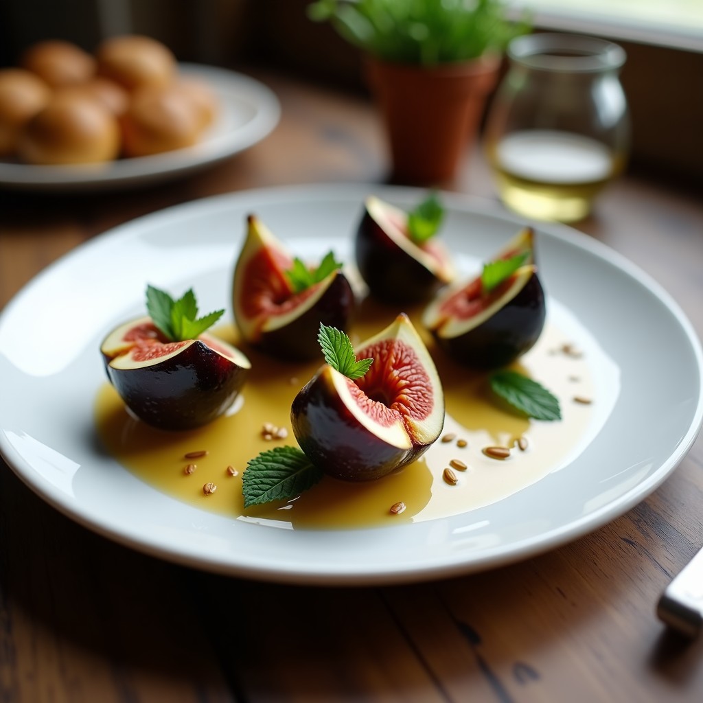 Plato blanco elegante con 4 higos asados abiertos, rellenos de queso de almendras cremoso, bañados en vinagreta de vinagre de sidra y decorados con hojas de menta y semillas de sésamo tostadas. Receta sin lactosa de aperitivo gourmet.