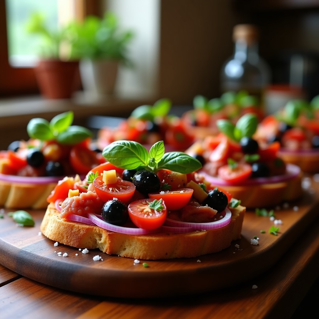 Plato rústico de madera con rebanadas gruesas de pan maltés tostado, cubiertas con una mezcla colorida de atún en aceite, aceitunas negras Kalamata, tomates cherry, cebolla morada, pimiento asado y limón confitado. Decorado con hojas de albahaca fresca y un hilo de aceite de oliva virgen extra, mostrando la textura crujiente del pan y los colores vibrantes de los ingredientes. Receta de Hobz biz-Zejt con Atún y Aceitunas Negras gourmet.