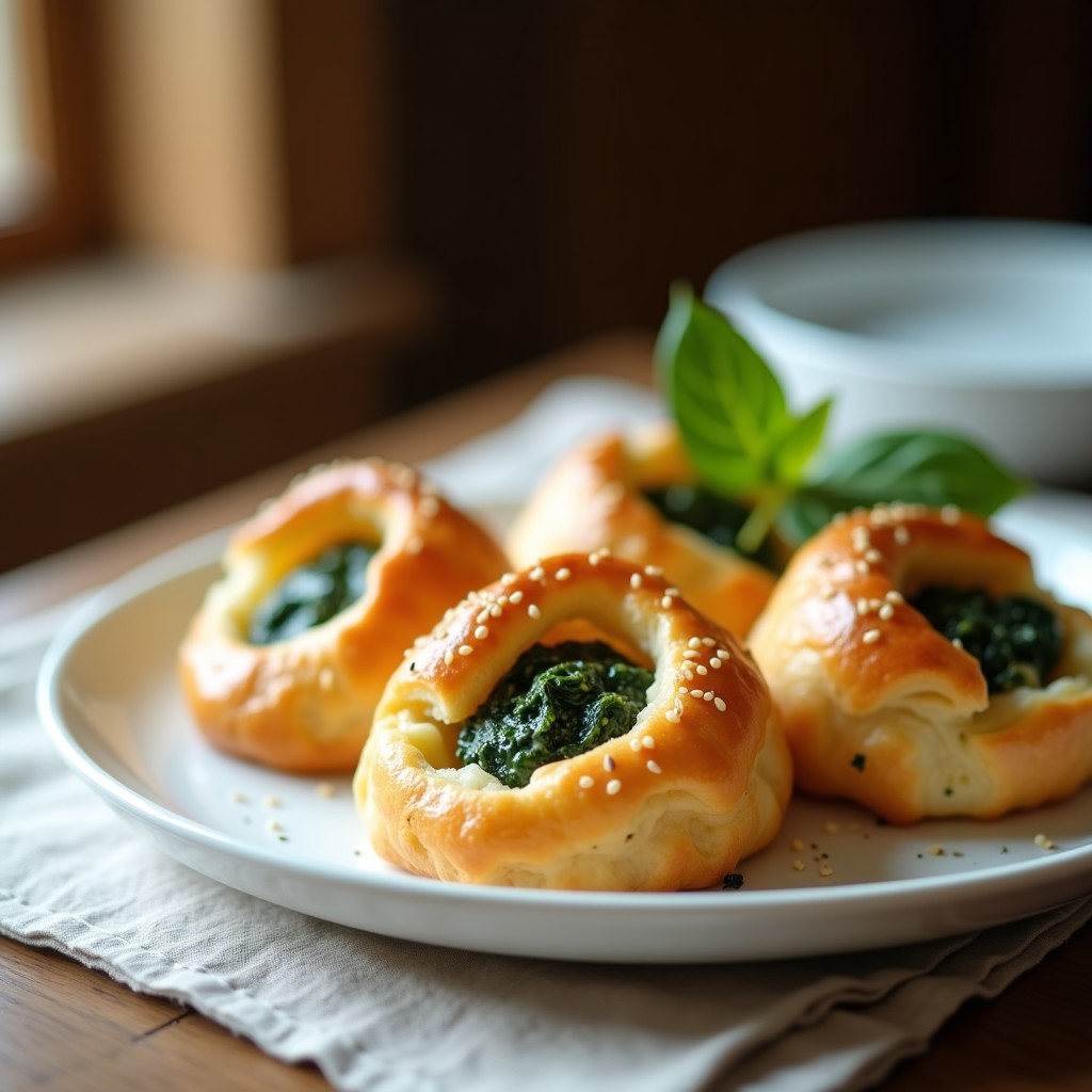 Hojaldres dorados y esponjosos rellenos de espinacas y queso de almendras, servidos en un plato blanco con detalles de vapor, receta sin gluten en olla express con toque francés.