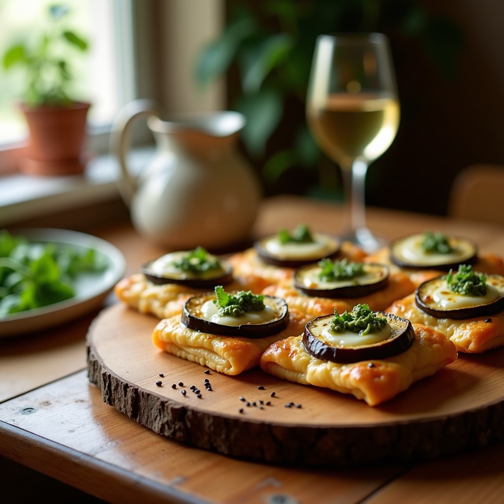 Hojaldres dorados y crujientes rellenos de berenjena asada, pesto de rúcula verde intenso y queso vegano fundido, servidos en una bandeja de madera rústica con semillas de sésamo negro como decoración. Receta de hojaldres de berenjena y pesto de rúcula en airfryer con queso vegano.