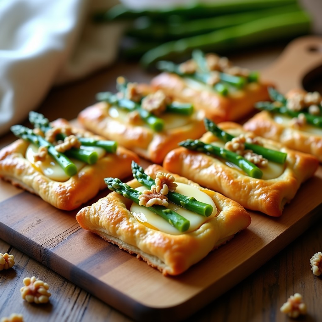 Hojaldres dorados y esponjosos con espárragos verdes trigueros y queso brie derretido, decorados con miel y nueces picadas, servidos en bandeja rústica de madera.