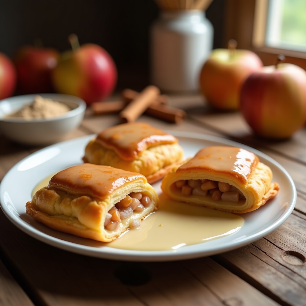 Hojaldres dorados y esponjosos rellenos de manzana y canela, bañados en glaseado brillante de stevia y decorados con nueces picadas. Postre sin azúcar en airfryer, servidos en un plato blanco sobre fondo rústico.
