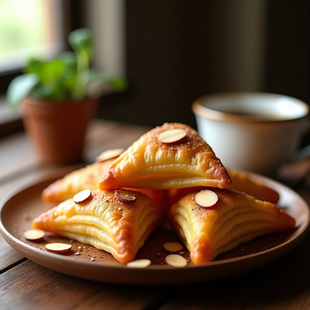 Hojaldres dorados y crujientes de plátano macho y canela dispuestos en una rejilla de madera, con semillas de sésamo visibles en la superficie. Al fondo, un café humeante y un banano como decoración. Receta colombiana en airfryer.