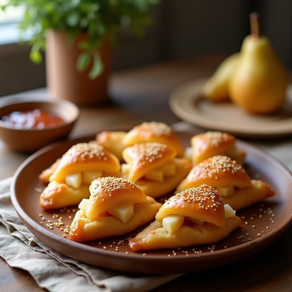 Hojaldres dorados y crujientes rellenos de queso búfala cremoso y pera, con un toque de mermelada de higos, servidos en una fuente rústica de madera sobre un fondo claro.