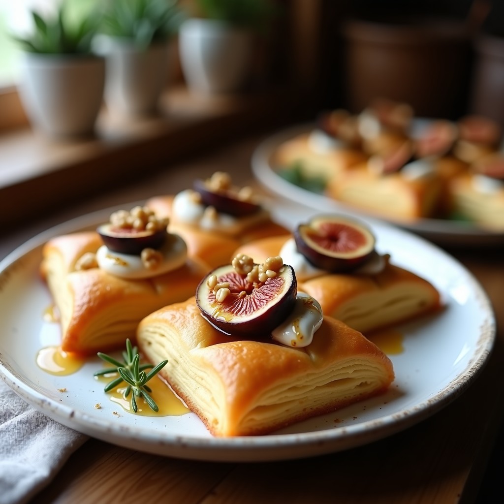 Hojaldres dorados y crujientes rellenos de queso de cabra cremoso y higos frescos, coronados con miel de lavanda y nueces picadas, servidos en una bandeja de madera rústica con romero fresco.