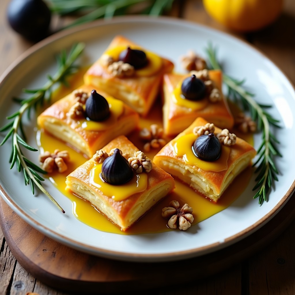 Hojaldres dorados y crujientes rellenos de crema de queso de cúrcuma amarilla y higos negros caramelizados, servidos en bandeja de madera con semillas de sésamo negro. Aperitivo francés antiinflamatorio elegante.