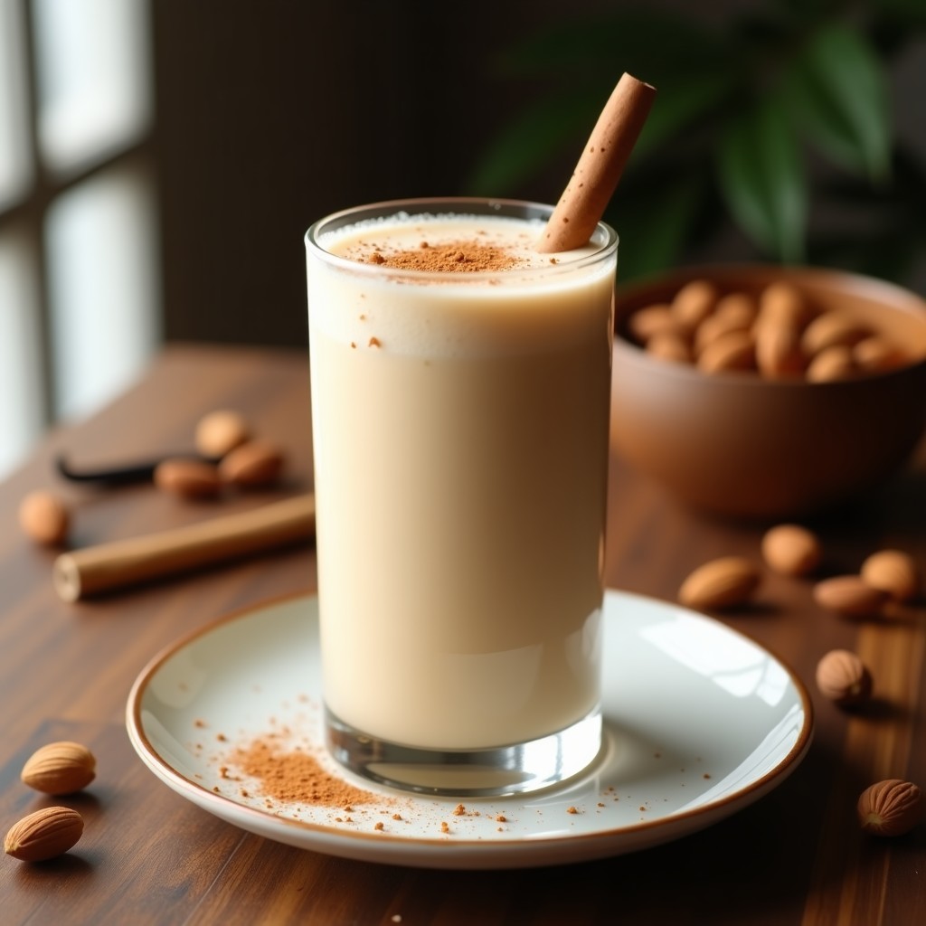 Vaso alto transparente con horchata de almendras y canela, coronada con una pizca de canela en polvo y una rama de canela al lado. Fondo rústico con almendras enteras y una vaina de vainilla abierta.