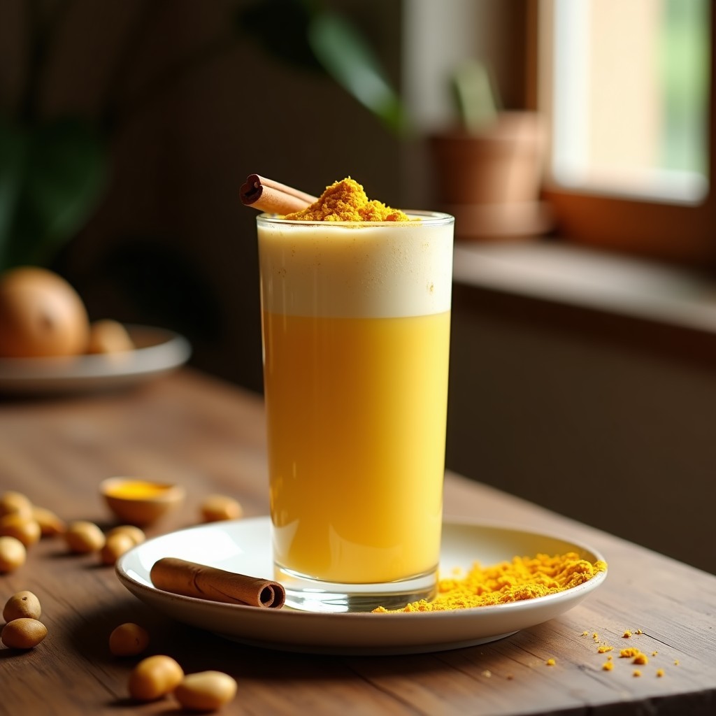 Vaso alto transparente con horchata de chufa y cúrcuma de color crema dorado, decorado con una pizca de canela en polvo y una rodaja de limón. Fondo rústico con chufas enteras y una cuchara de madera. Receta española antiinflamatoria y vegana.