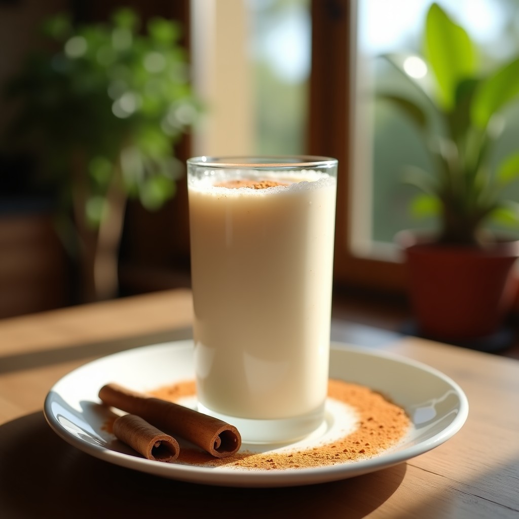Vaso alto de cristal con horchata de chufa fresca, espolvoreada con canela en polvo, acompañada de una rama de canela y una vainilla en rama sobre una mesa rústica de madera con fondo borroso de huerto valenciano.