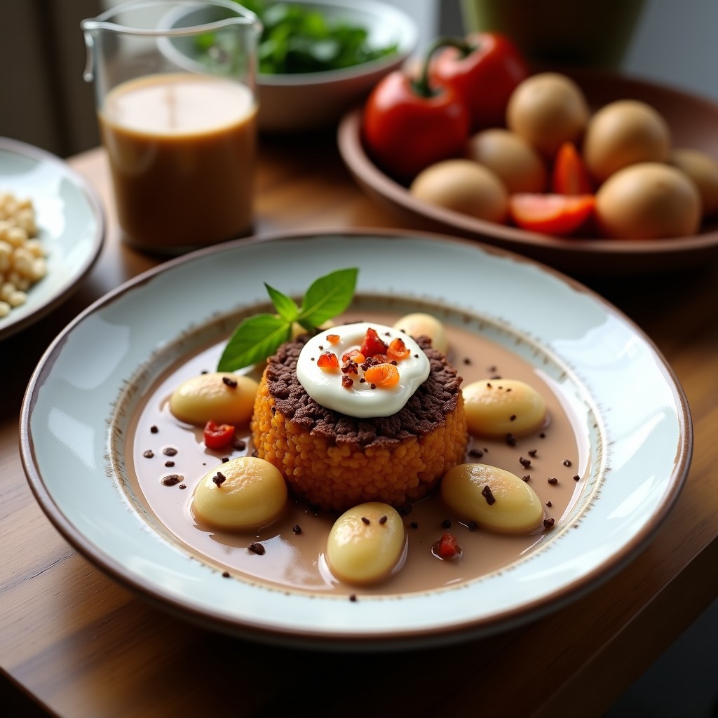Taza de cerámica blanca con horchata de chufa y chocolate caliente vegano, espolvoreada con cacao en polvo y canela, sobre una mesa rústica de madera con chufas y una rama de canela al lado.