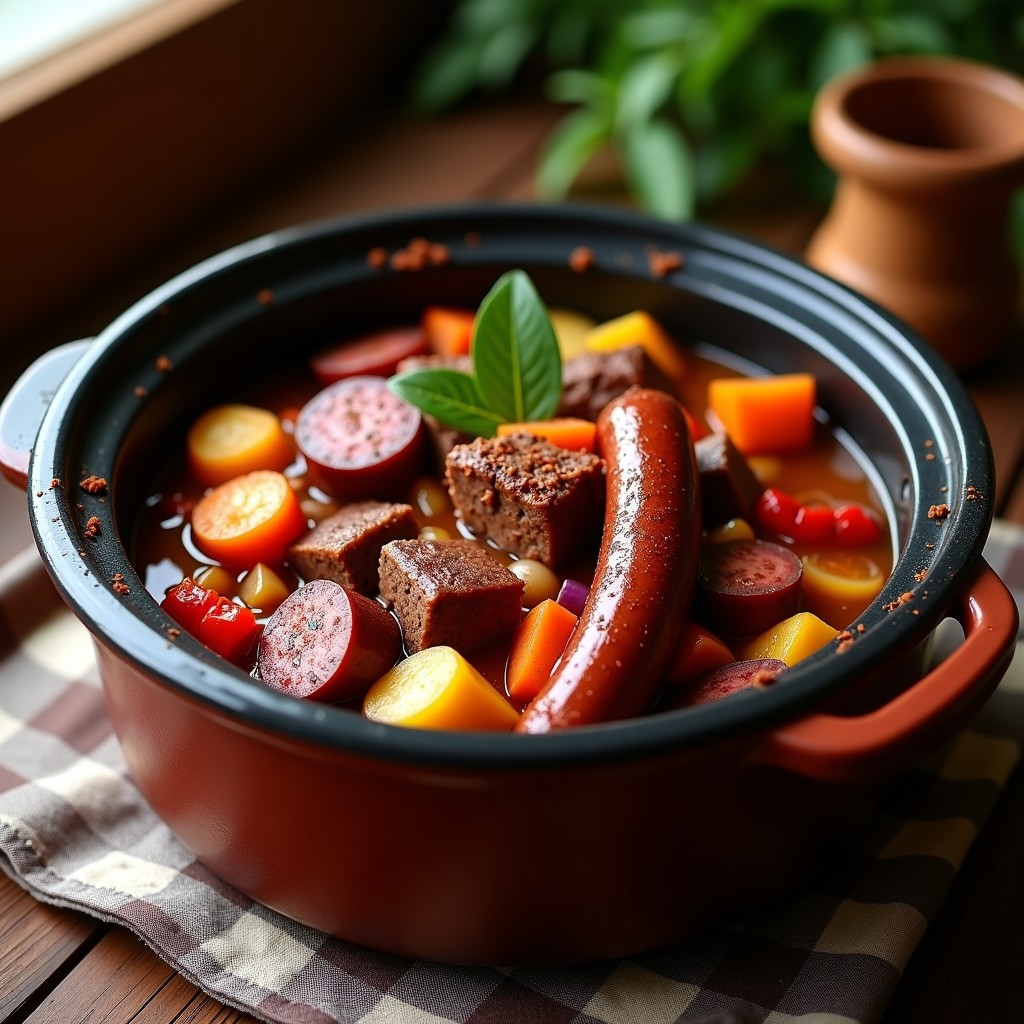 Olla lenta abierta mostrando trozos de falda de ternera, costillas de cerdo ahumadas y chorizo colorado bañados en un caldo oscuro y espeso, con cebollas moradas, tomates y pimientos rojos asados. Plato rústico de barro al lado con una porción servida, decorado con ramitas de romero fresco. Receta tradicional argentina de horno de barro casero con carnes ahumadas.