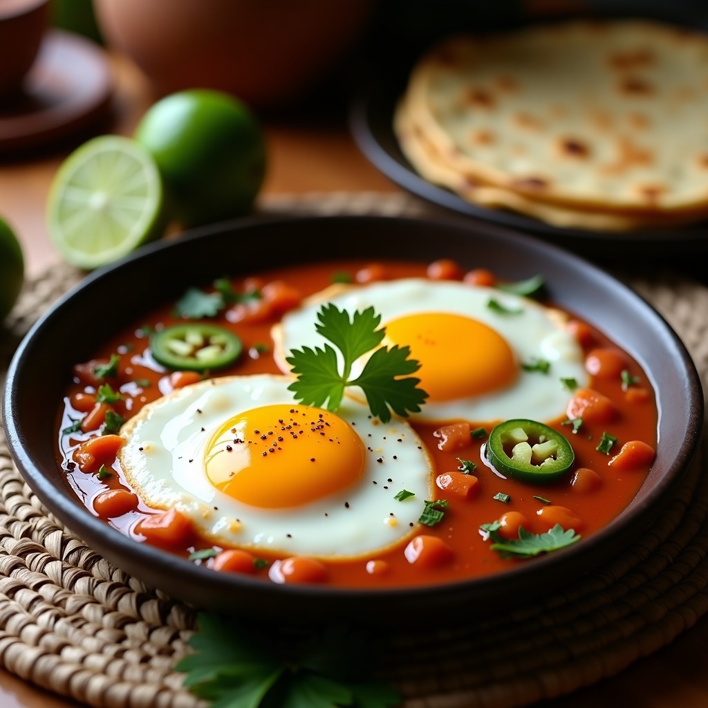 Plato de huevos al plum con yema líquida bañados en una salsa vibrante de tamarillo y jalapeño, decorados con cilantro fresco. Desayuno mexicano picante servido en plato de barro con tortillas de maíz al lado.