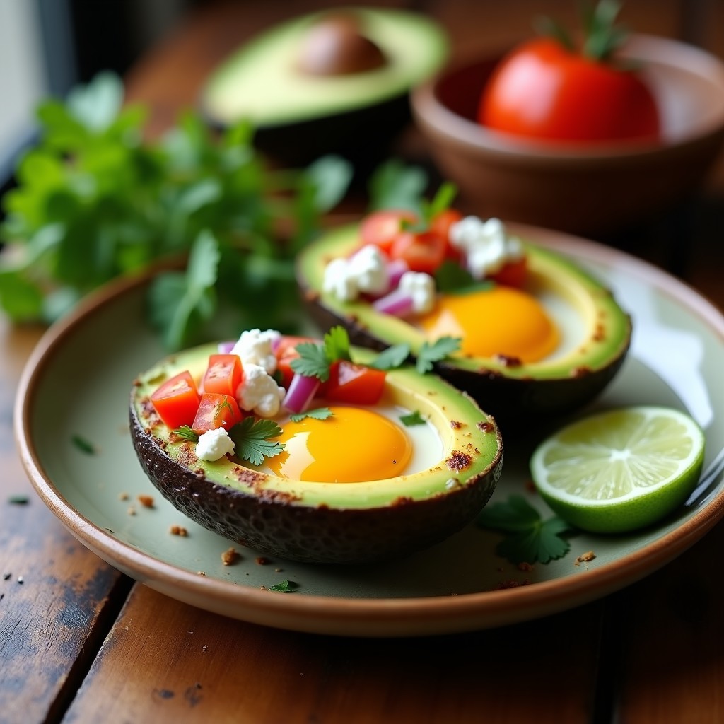 Plato con dos mitades de aguacate hass horneadas, cada una con un huevo campero en el centro, yema líquida, decoradas con cebolla morada, tomate, cilantro y queso fresco desmenuzado sobre fondo rústico de madera. Receta de huevos en cesta de aguacate al horno, desayuno keto.