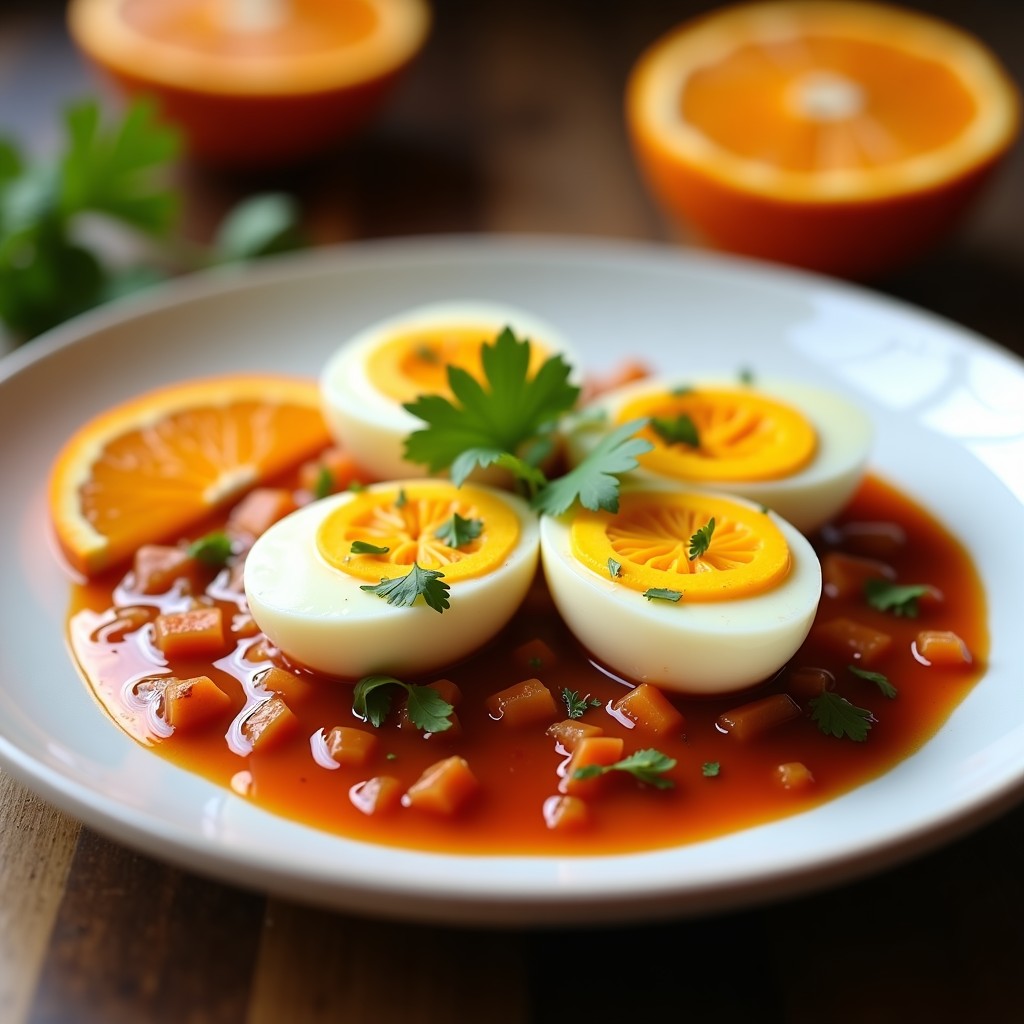 Plato de cerámica blanca con huevos escabechados en salsa de achiote y naranja, bañados en un líquido rojo intenso con trozos de cebolla morada y cilantro fresco. Receta yucateca tradicional en Thermomix.