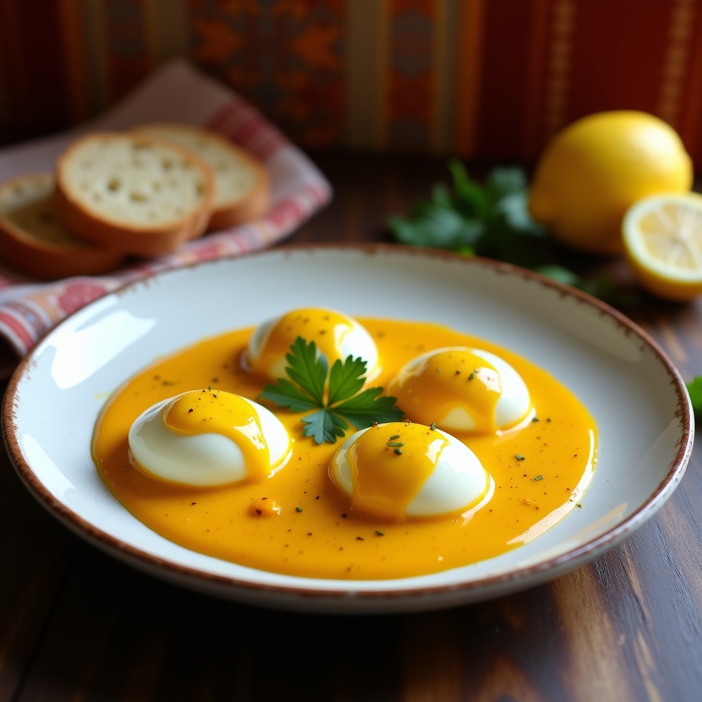 Plato blanco con huevos escabechados bañados en una salsa amarilla vibrante de ají amarillo y cúrcuma, decorados con cilantro fresco. Fondo rústico con rodajas de pan andino y limón. Receta peruana en Thermomix.