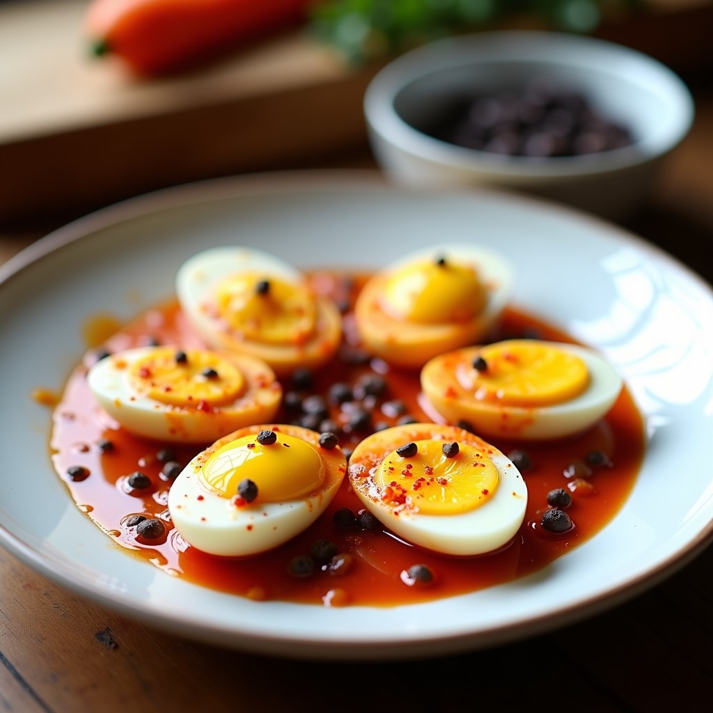 Plato blanco con huevos escabechados cortados por la mitad, bañados en un escabeche dorado con ajo negro y pimentón, decorados con perejil fresco. Receta española en Thermomix.