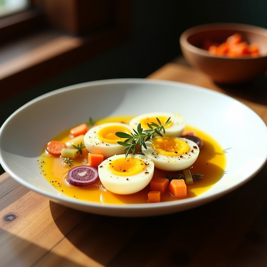 Plato blanco hondo con huevos escabechados bañados en una salsa dorada de cúrcuma y ajo negro, acompañados de rodajas de cebolla morada y zanahoria. Receta de huevos escabechados con cúrcuma y ajo negro en olla lenta.
